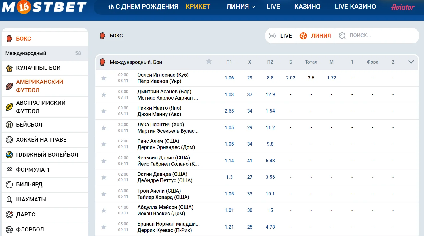 Бокс в Mostbet