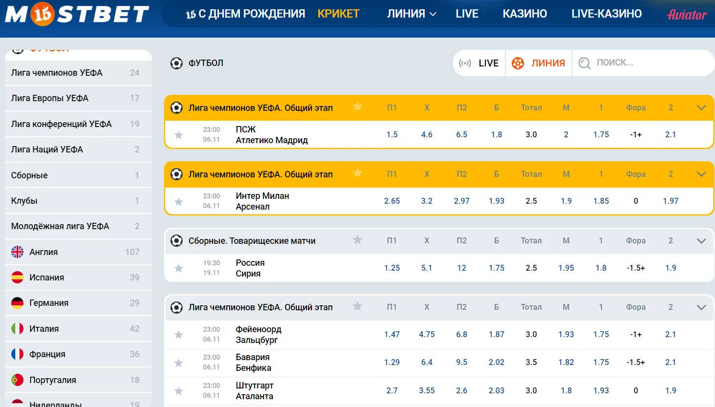 Футбол на Mostbet